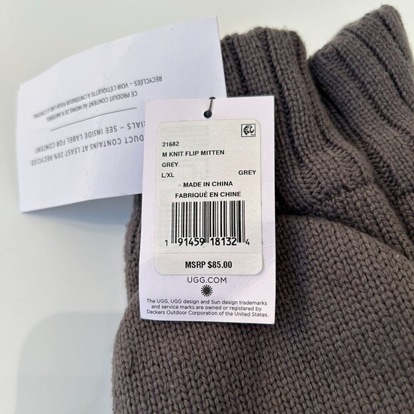 NWT UGG Mens Knit Flip Mittens Leather Palm Graphite L/XL Grey Wool Blend - Picture 4 of 11
